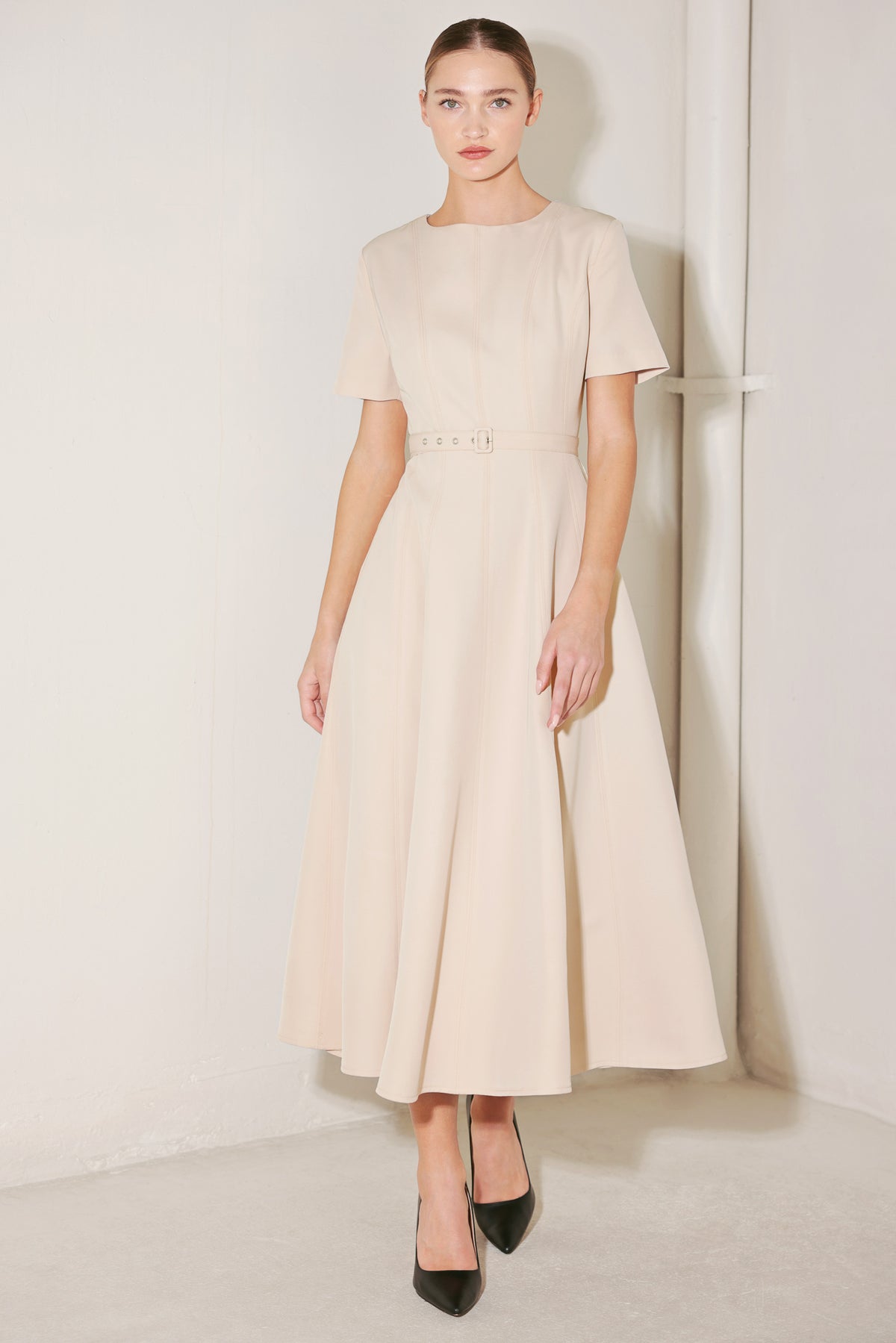 Light Beige Round Neck Midi Length Woven Casual Dress with Belt Detail Flying Tomato FD1978