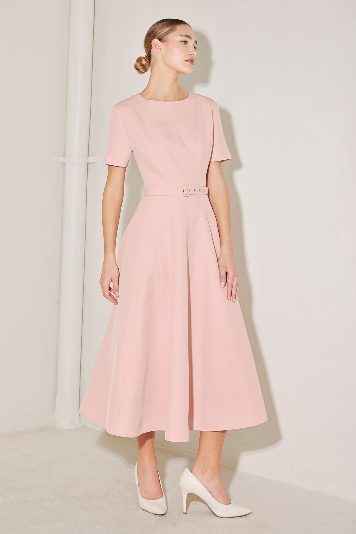Pink Round Neck Midi Length Woven Casual Dress with Belt Detail Flying Tomato FD1978