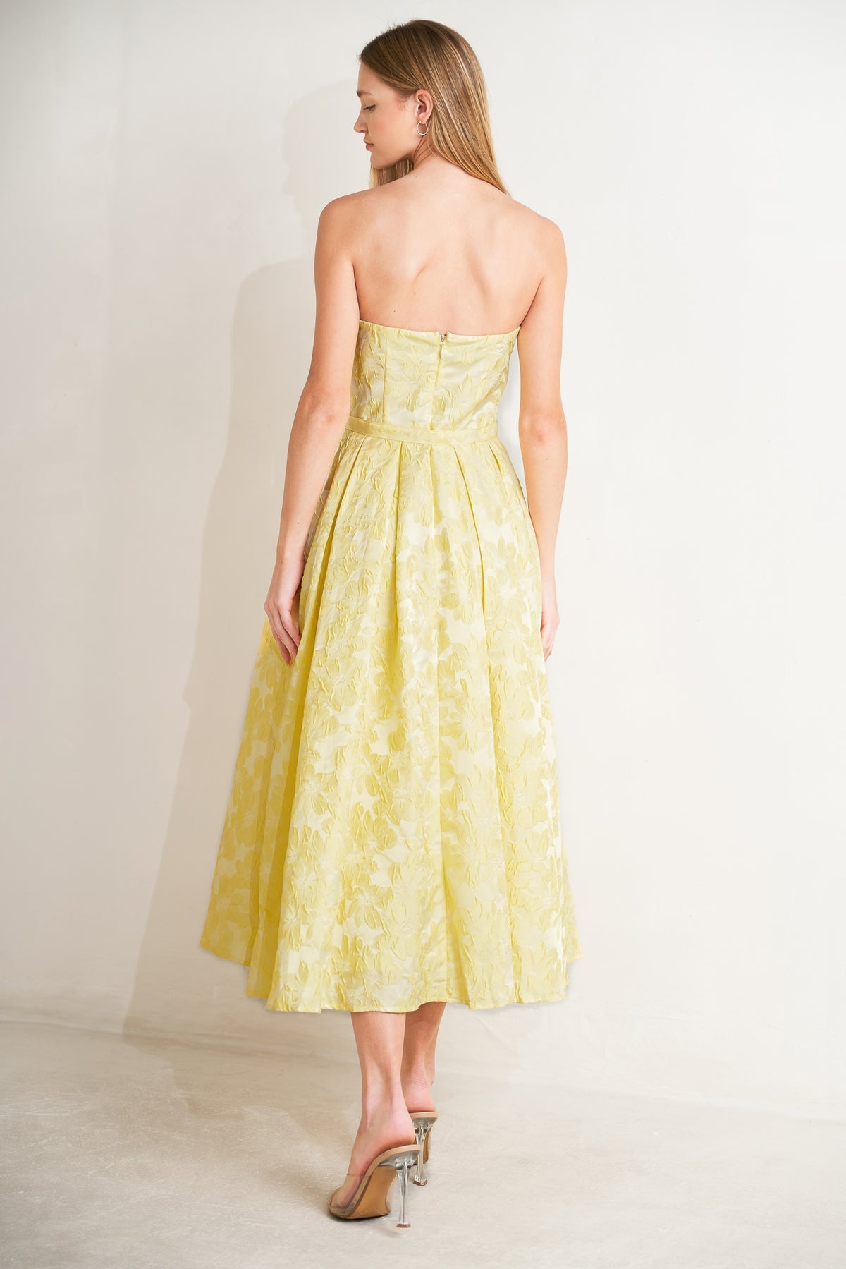 Lemon Strapless Midi Floral Jacquard Cocktail Dress with Belt and Circle Skirt Flying Tomato FD2003