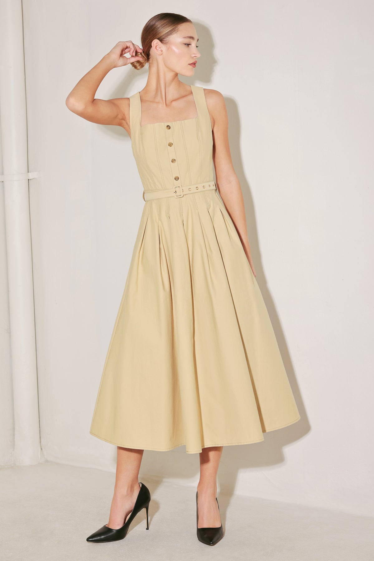 Khaki Square Neck Midi Length Woven Casual Dress with Belt Detail Flying Tomato FD2099