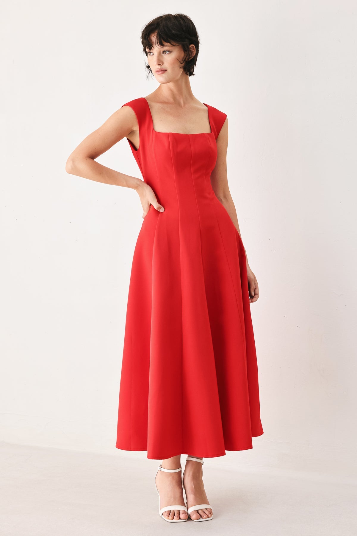 Square Tea-Length Crepe Evening A-Line Flying Tomato FD2317