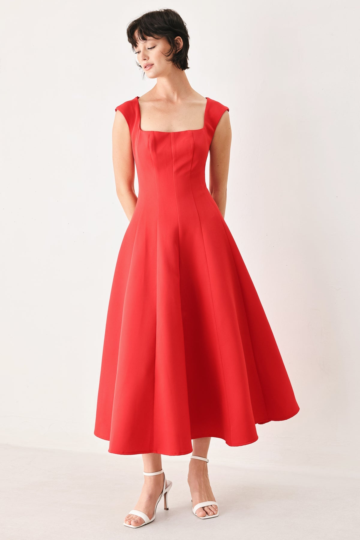 Square Tea-Length Crepe Evening A-Line Flying Tomato FD2317