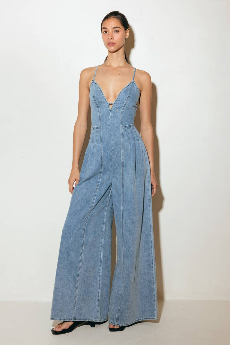 Light Denim V Neck Floor Length Crepe Casual Wide Leg Jumpsuit with Criss Cross Back Flying Tomato FP1565