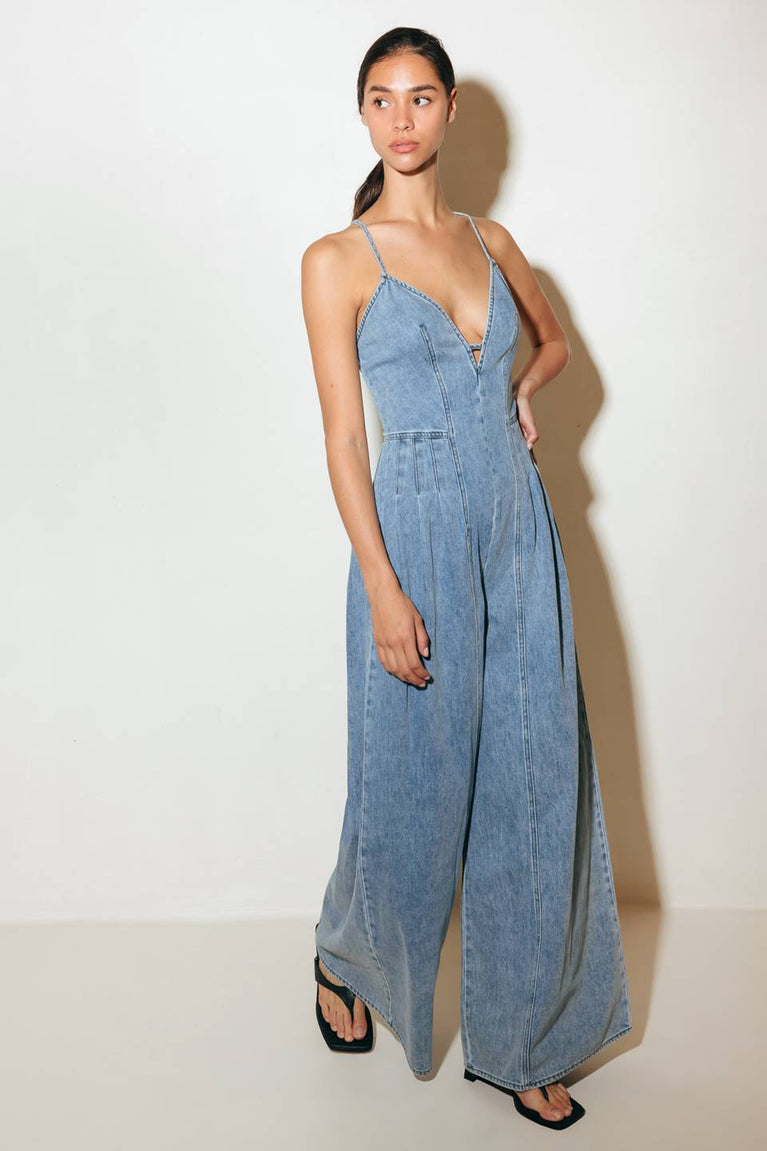 Light Denim V Neck Floor Length Crepe Casual Wide Leg Jumpsuit with Criss Cross Back Flying Tomato FP1565
