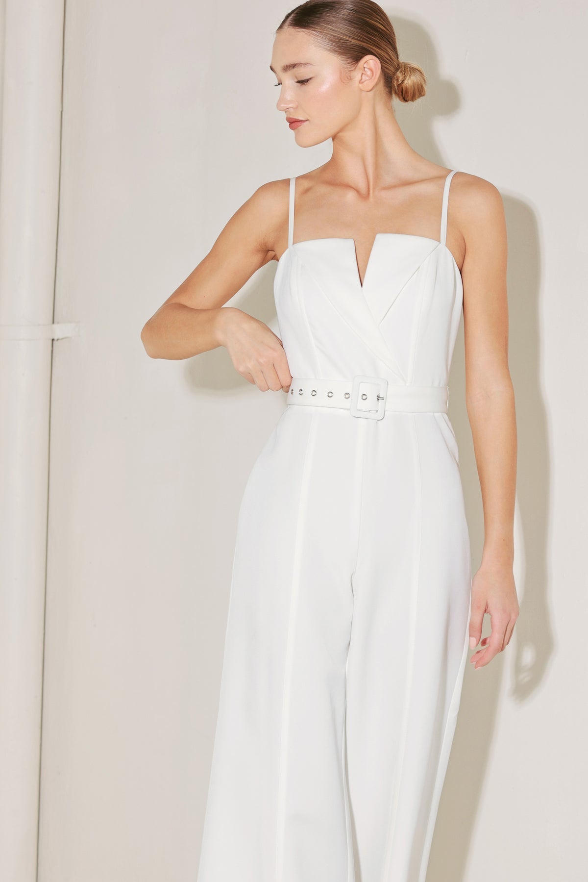 White Sweetheart Neck Wide Leg Woven Wedding Jumpsuit with Belt Detail Flying Tomato FP1753