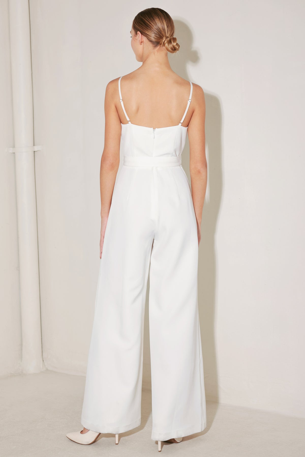 White Sweetheart Neck Wide Leg Woven Wedding Jumpsuit with Belt Detail Flying Tomato FP1753