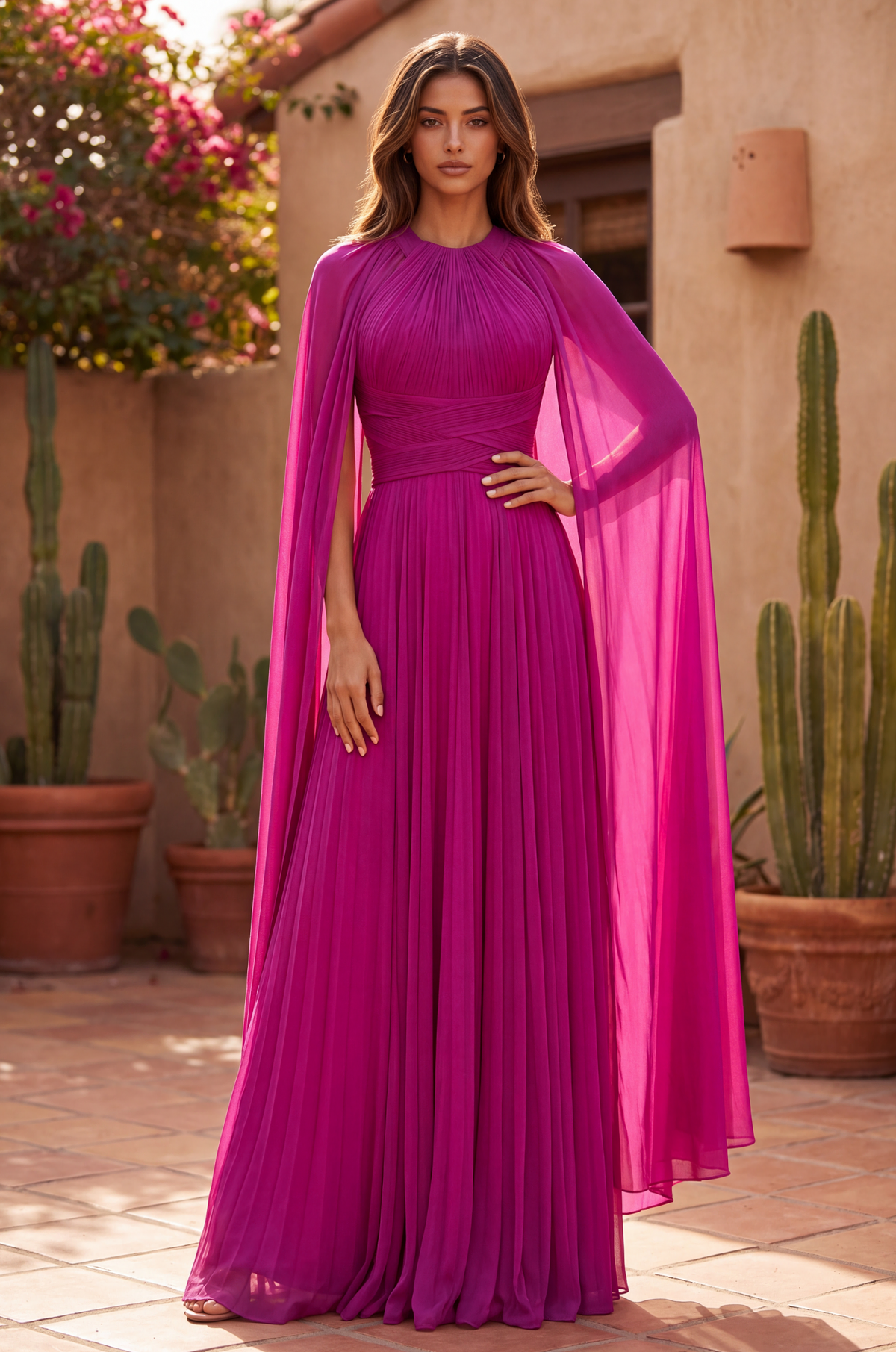 Pleated A Line Long Formal High Neck Cape Sleeve Dress Magenta front