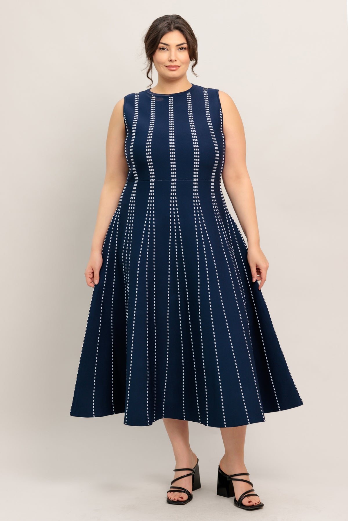 Navy/Whie Crew Neck Midi Knit Cocktail Dress with Vertical Pattern Flying Tomato FSW1433