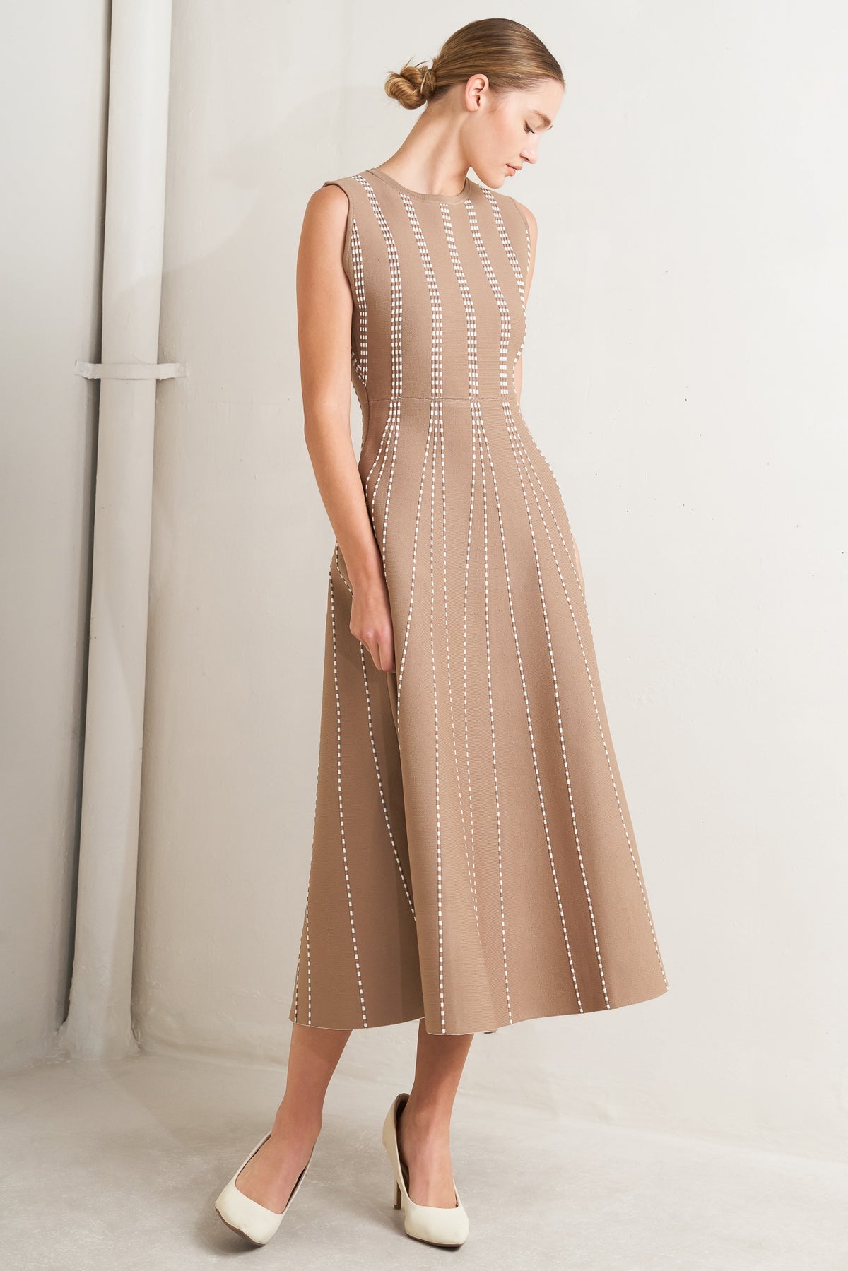 Mocha/White Crew Neck Midi Knit Cocktail Dress with Vertical Pattern Flying Tomato FSW1433