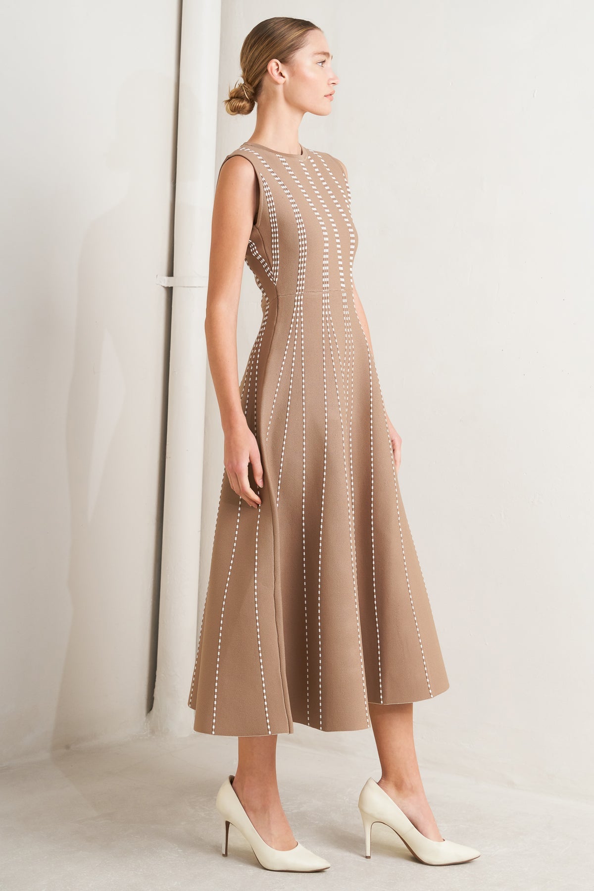 Mocha/White Crew Neck Midi Knit Cocktail Dress with Vertical Pattern Flying Tomato FSW1433