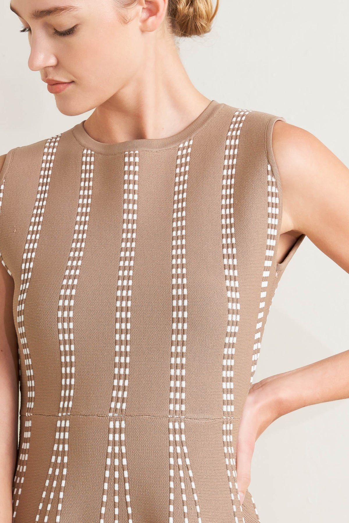Mocha/White Crew Neck Midi Knit Cocktail Dress with Vertical Pattern Flying Tomato FSW1433