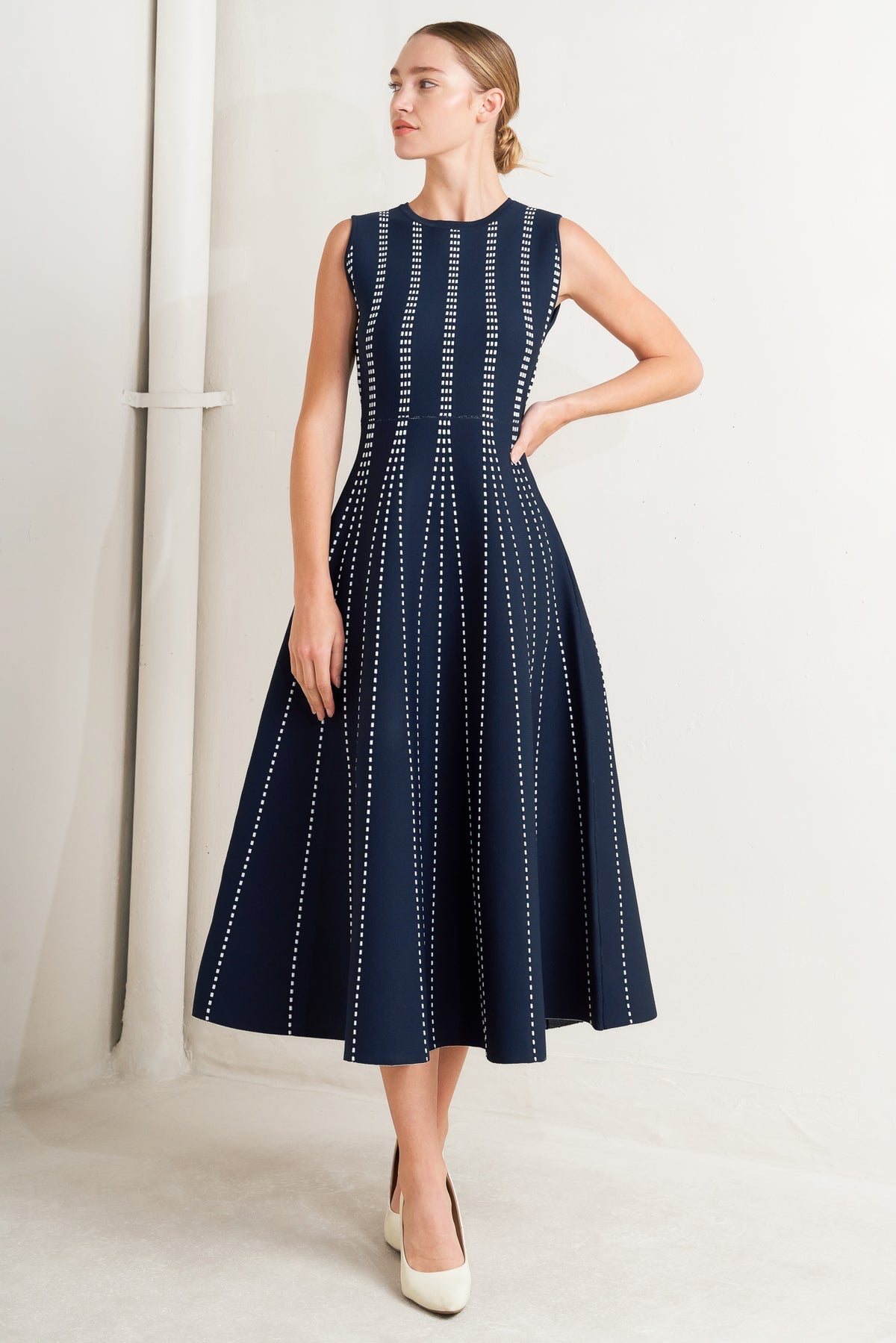 Navy/Whie Crew Neck Midi Knit Cocktail Dress with Vertical Pattern Flying Tomato FSW1433
