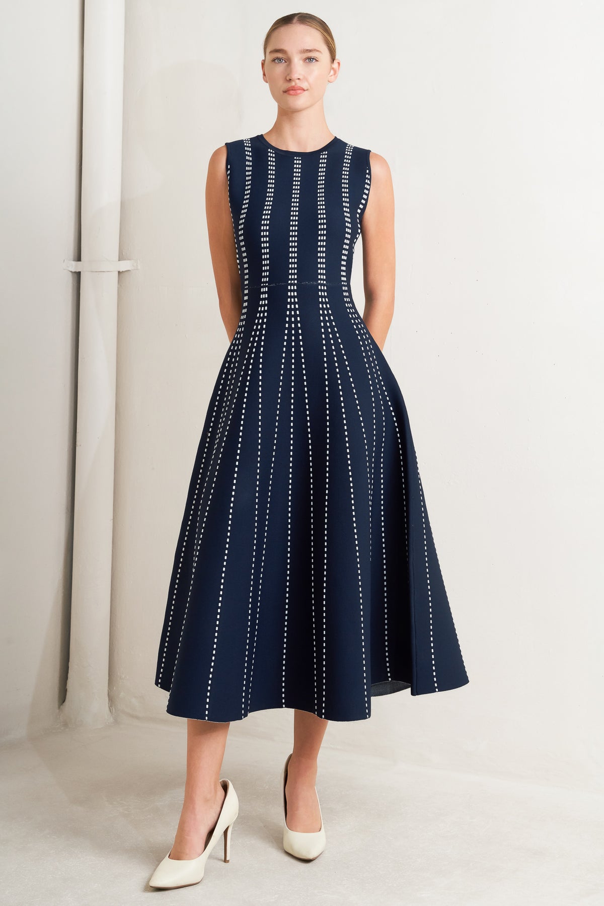 Navy/Whie Crew Neck Midi Knit Cocktail Dress with Vertical Pattern Flying Tomato FSW1433