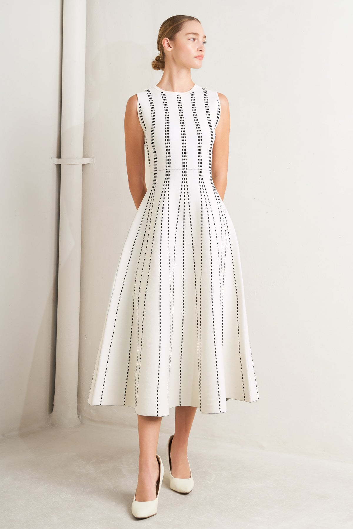 White/Black Crew Neck Midi Knit Cocktail Dress with Vertical Pattern Flying Tomato FSW1433