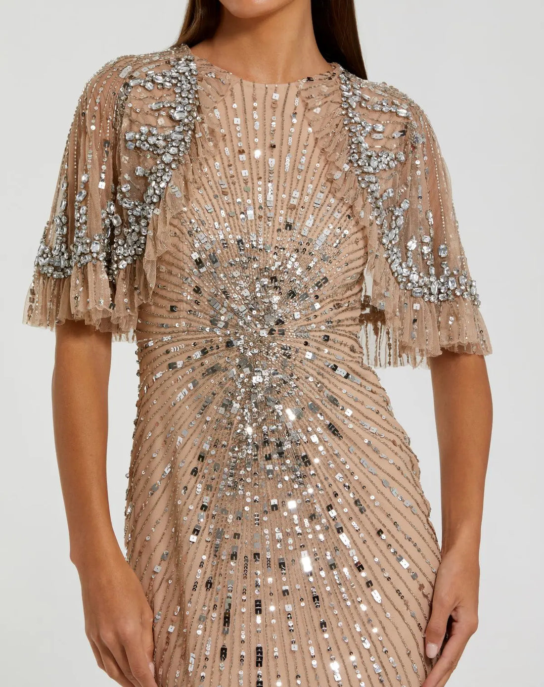 Formal DressesLong Beaded Formal Fitted Capelet Evening Dress Nude Silver