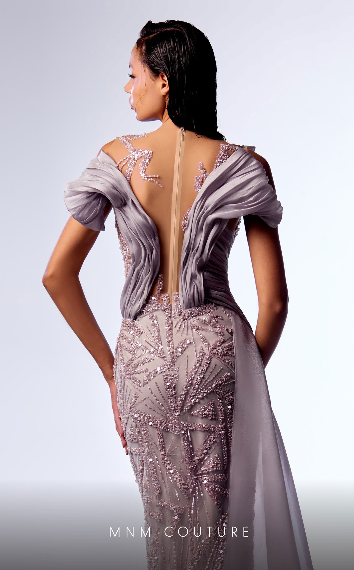 MNM Couture G1714 Pleated Long Formal Overskirt Fitted Dress