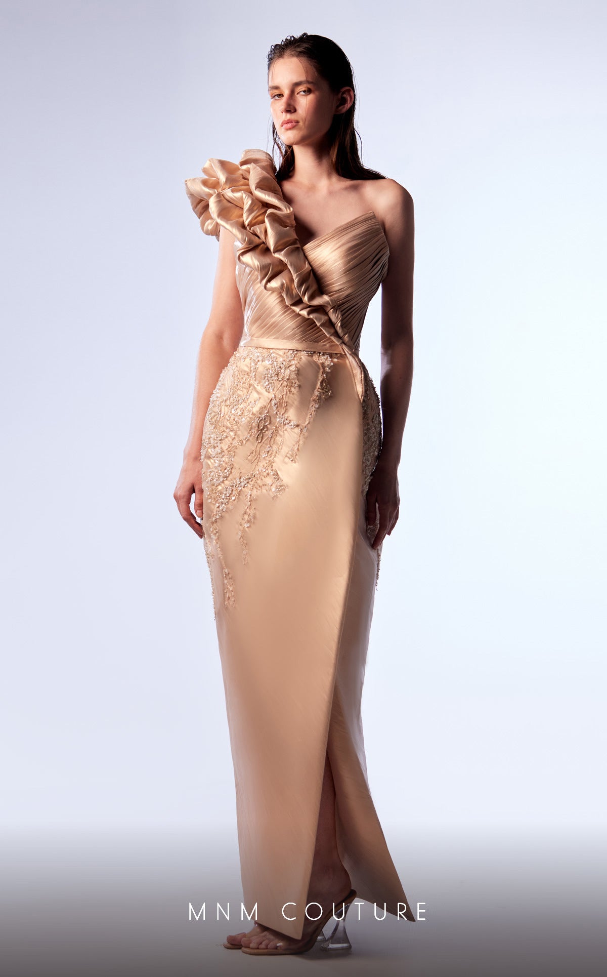 Formal Dresses Long Formal Beaded Applique Metallic Dress Beige