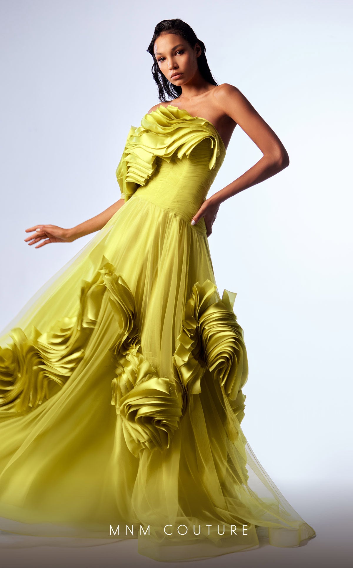 Off-Shoulder Pleated Tulle Evening Gown by MNM Couture G1736 in Green