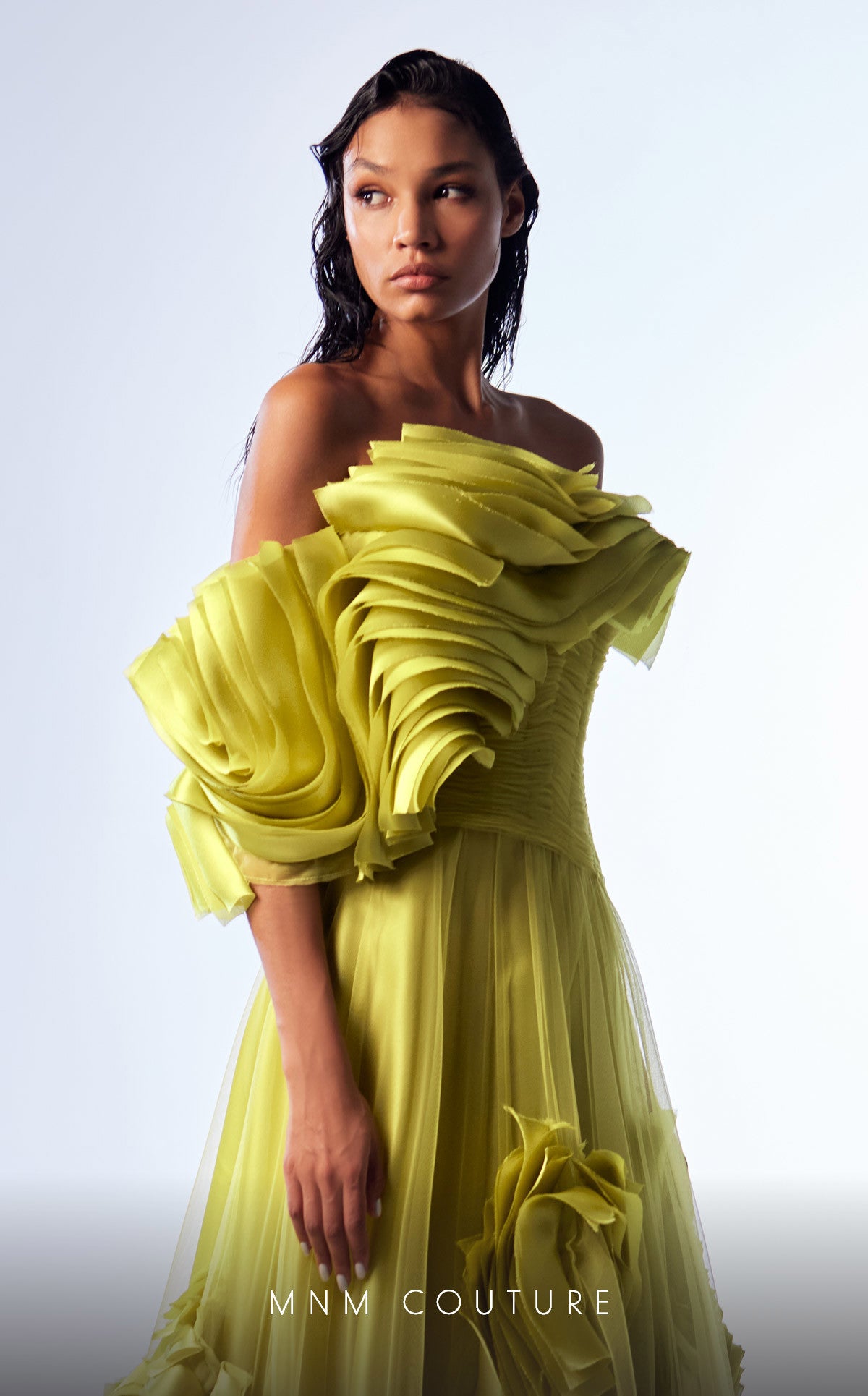 Off-Shoulder Pleated Tulle Evening Gown by MNM Couture G1736 in Green