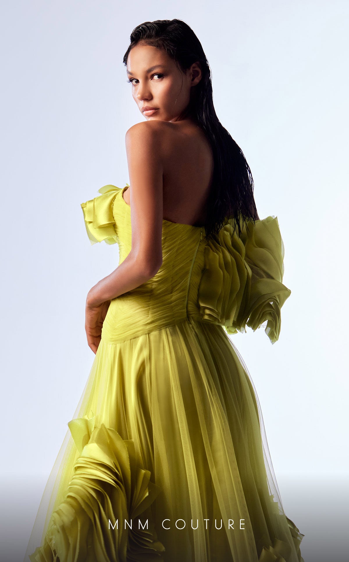 Off-Shoulder Pleated Tulle Evening Gown by MNM Couture G1736 in Green