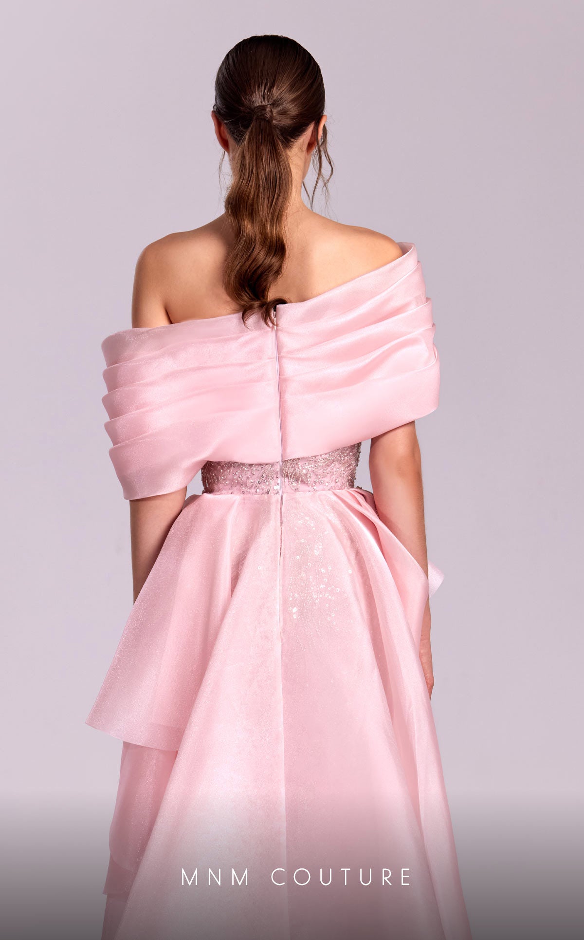 Off-the-Shoulder Floor-Length Organza Evening Sheath M Couture G1829