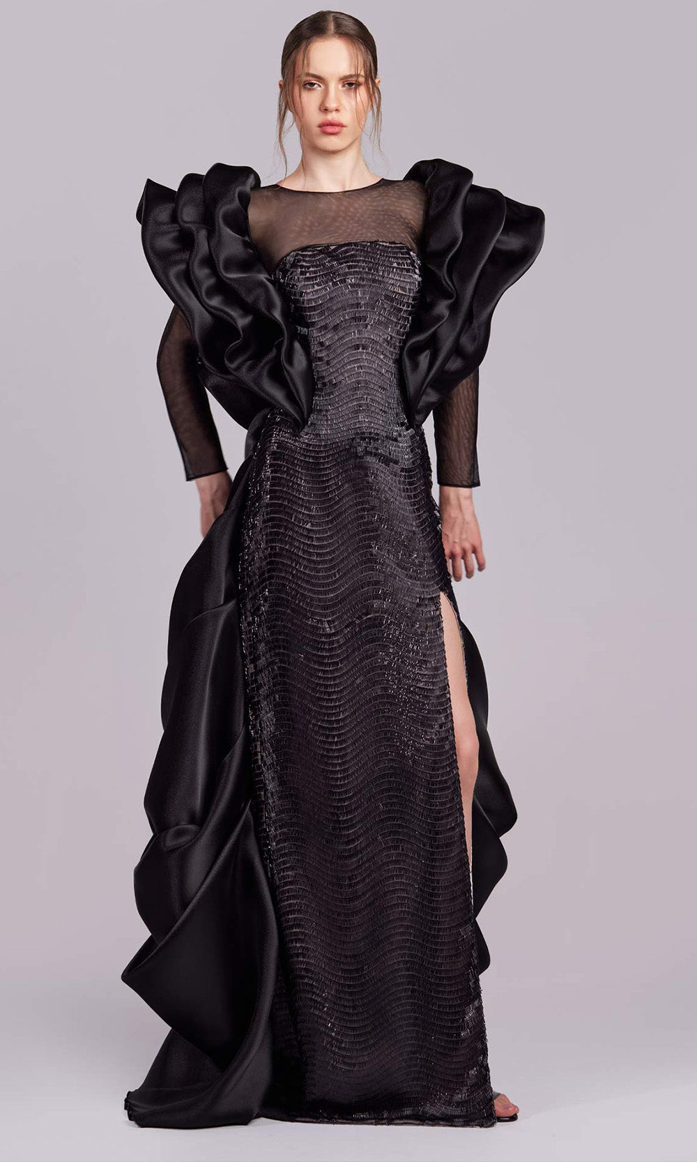 Illusion Floor-Length Satin Evening Sheath MNM Couture G1835