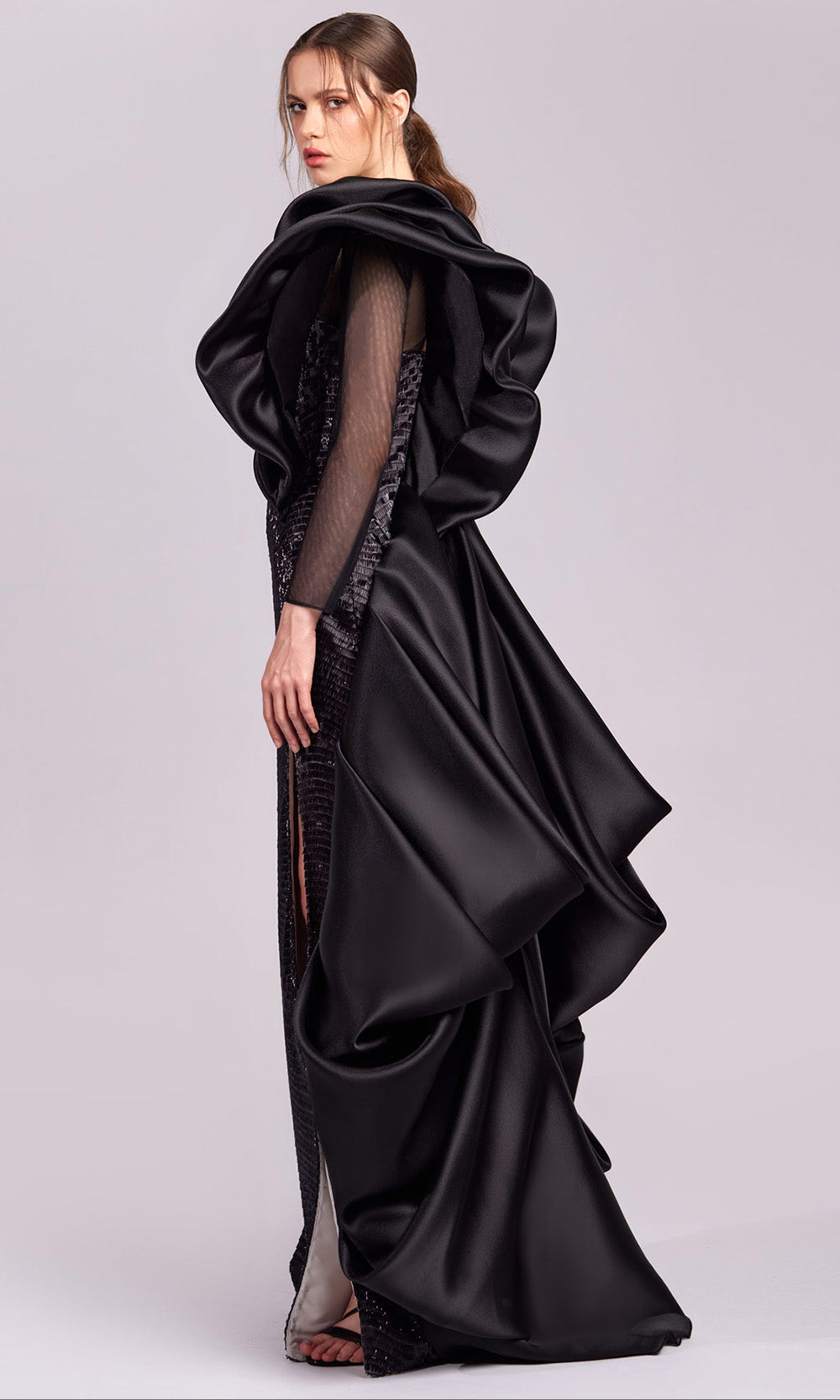 Illusion Floor-Length Satin Evening Sheath MNM Couture G1835