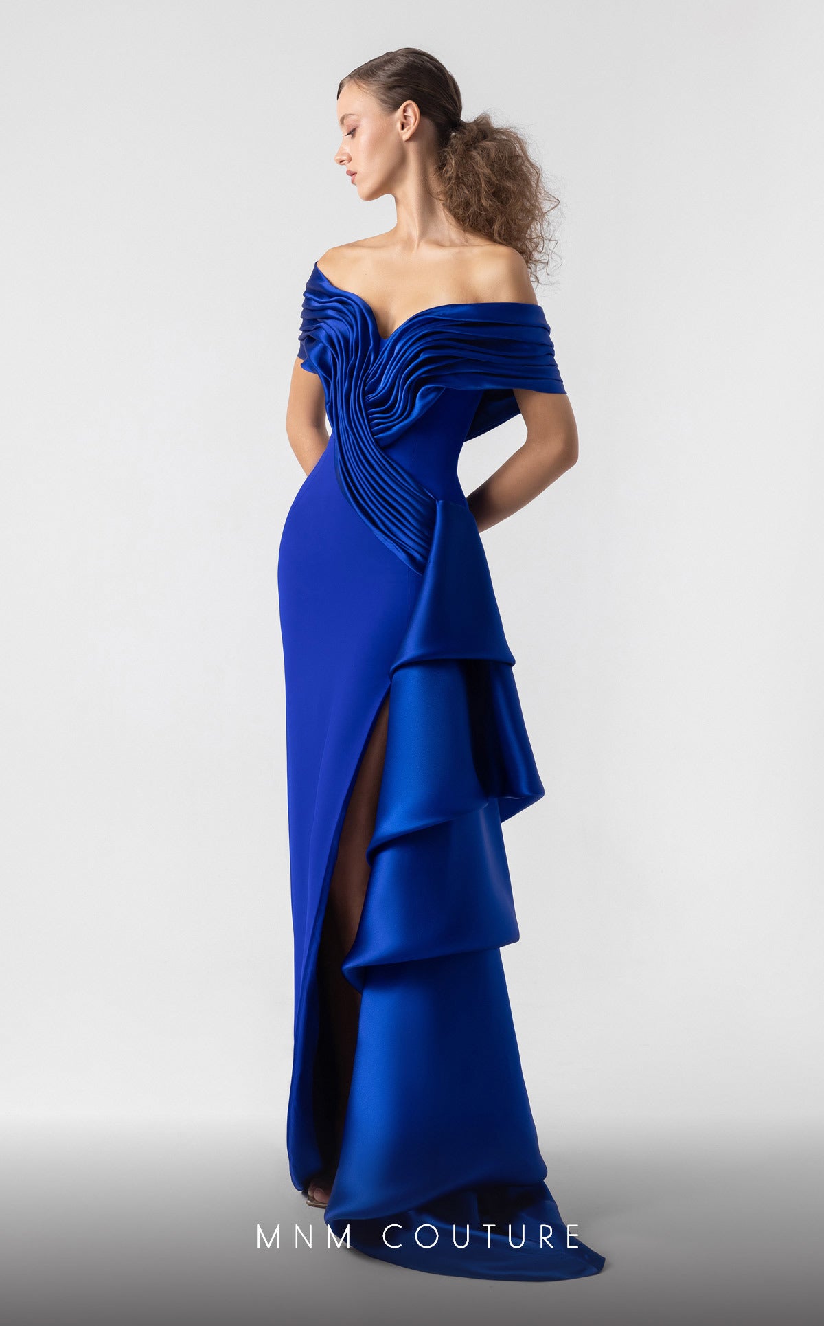 Off-Shoulder Long Structured Gown by MNM Couture G1905 in Royal Blue