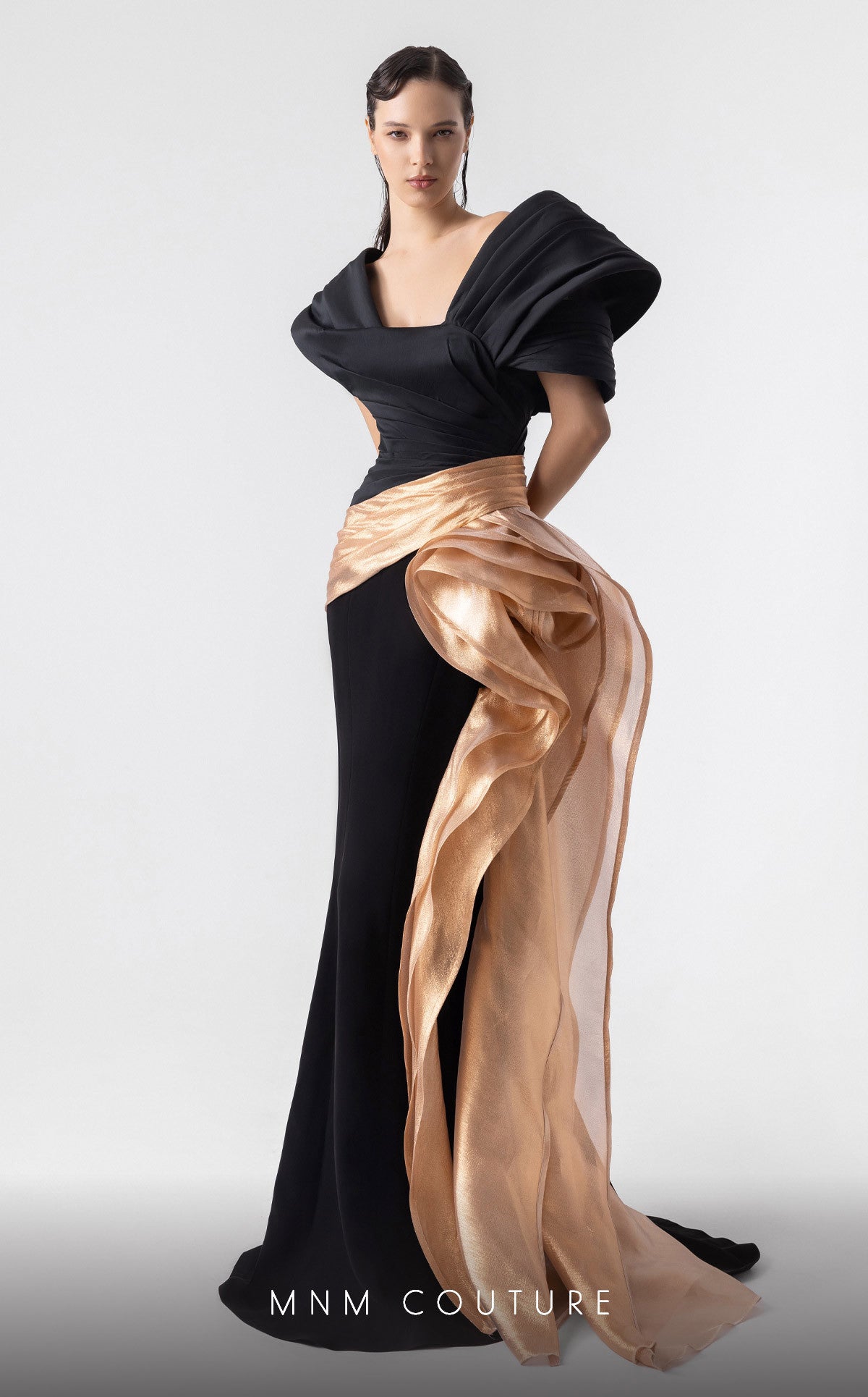 Off-Shoulder Floor-Length Satin Evening Gown by MNM Couture G1910 in Black/Gold