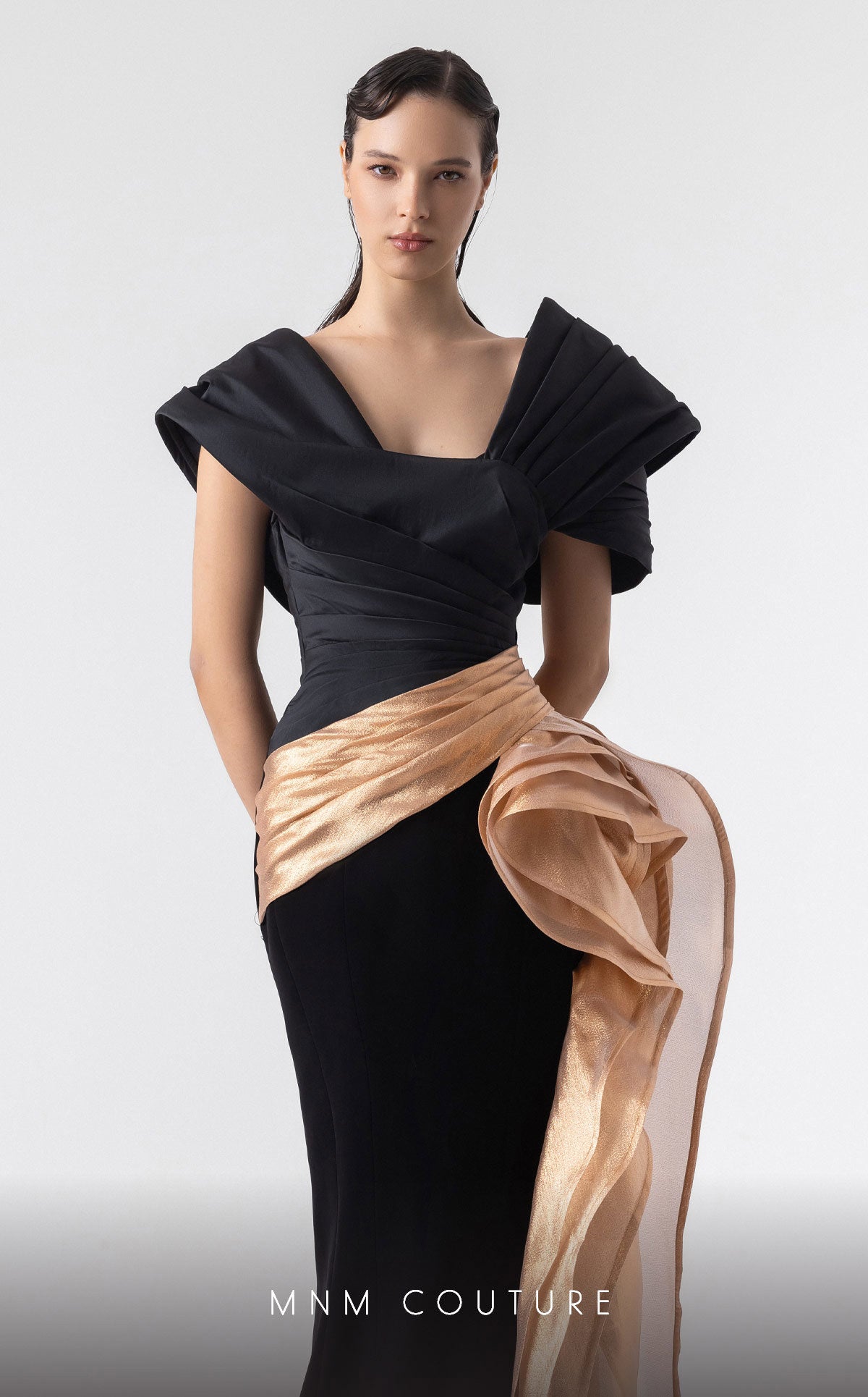Off-Shoulder Floor-Length Satin Evening Gown by MNM Couture G1910 in Black/Gold