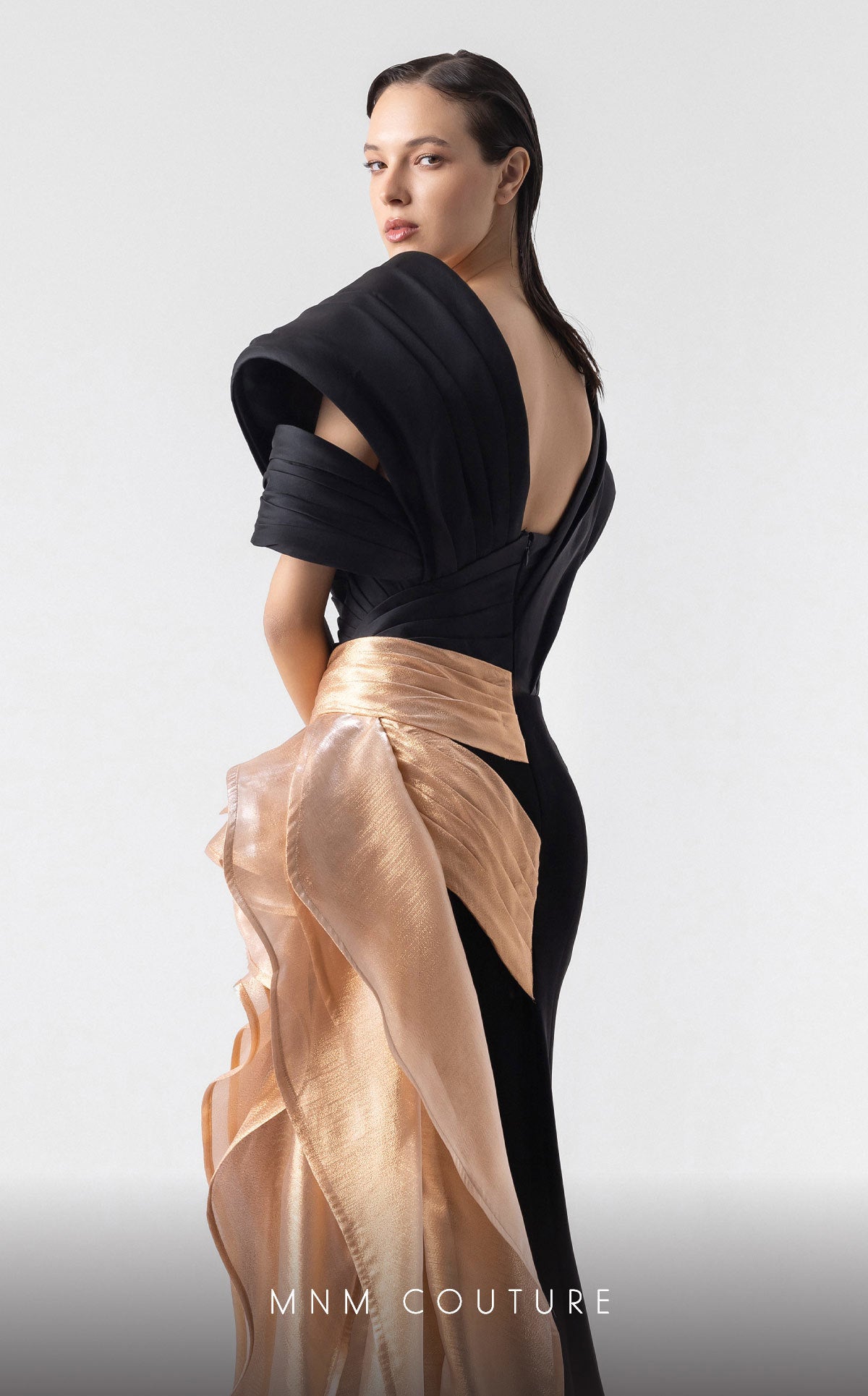 Off-Shoulder Floor-Length Satin Evening Gown by MNM Couture G1910 in Black/Gold