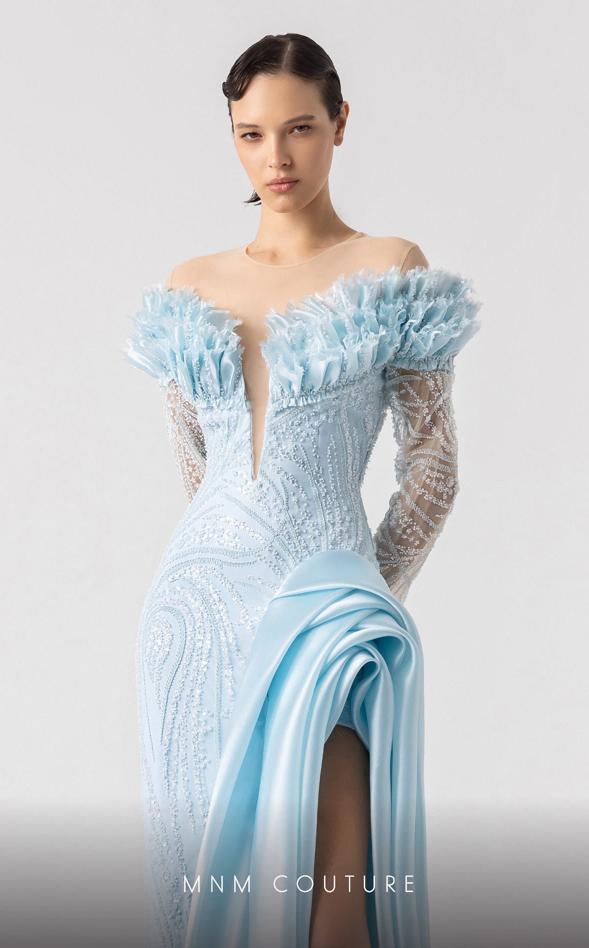 Formal Dresses Long Sleeve Prom Lace Formal Evening Dress MNM Couture G1915 Blue