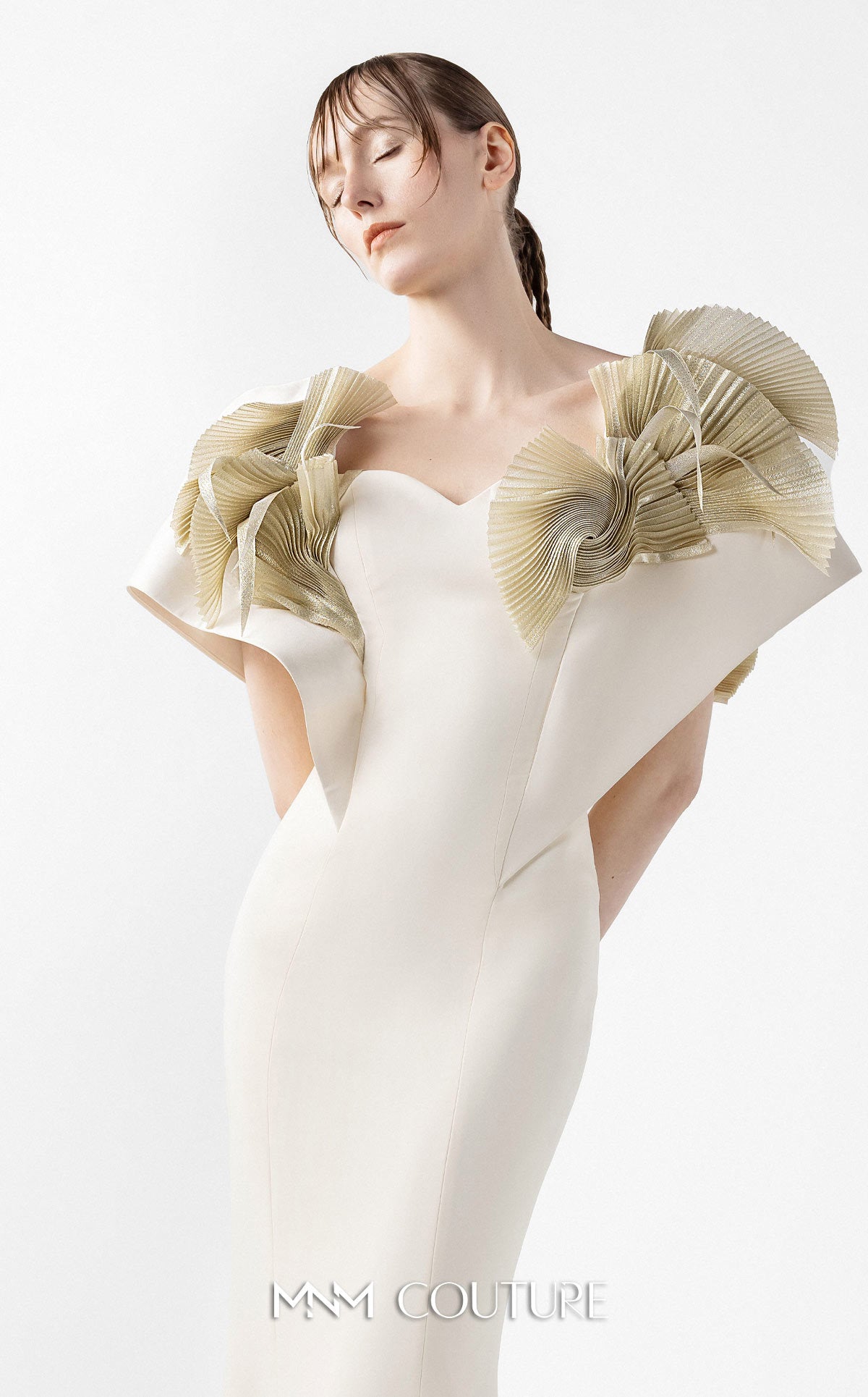 Prom Dresses Long Formal Prom Pleated Dress MNM Couture G2005 Cream
