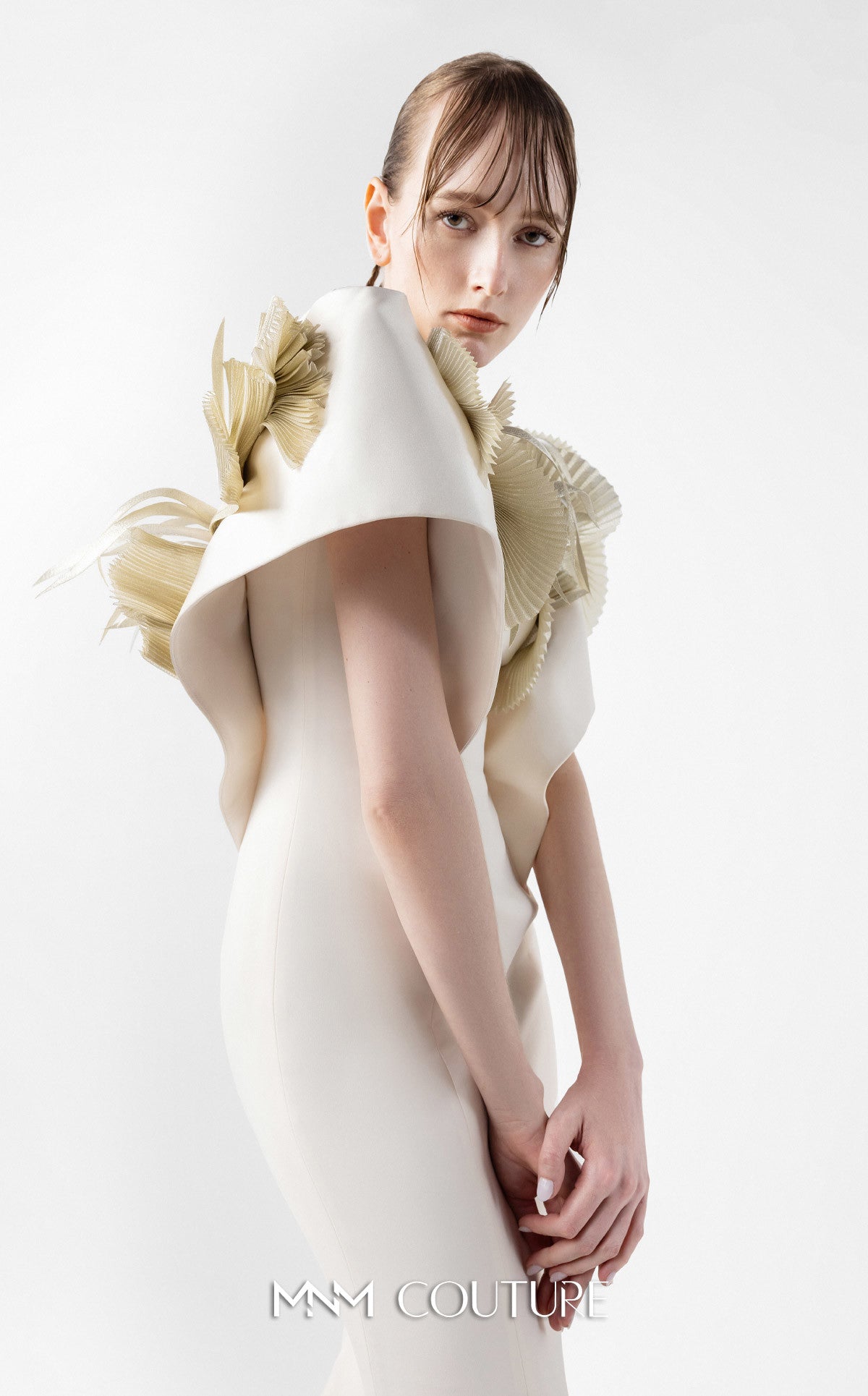 Prom Dresses Long Formal Prom Pleated Dress MNM Couture G2005 Cream