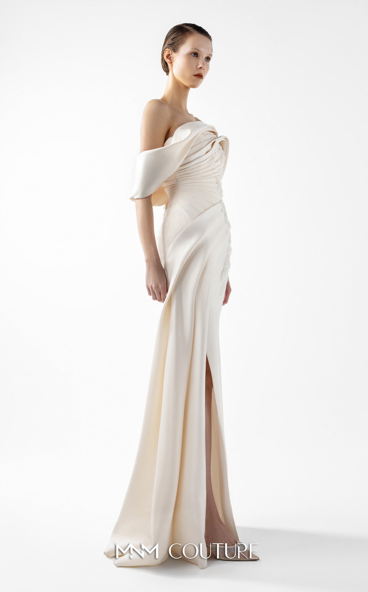 Prom Dresses Long Formal Prom Slit Dress MNM Couture G2007 Cream