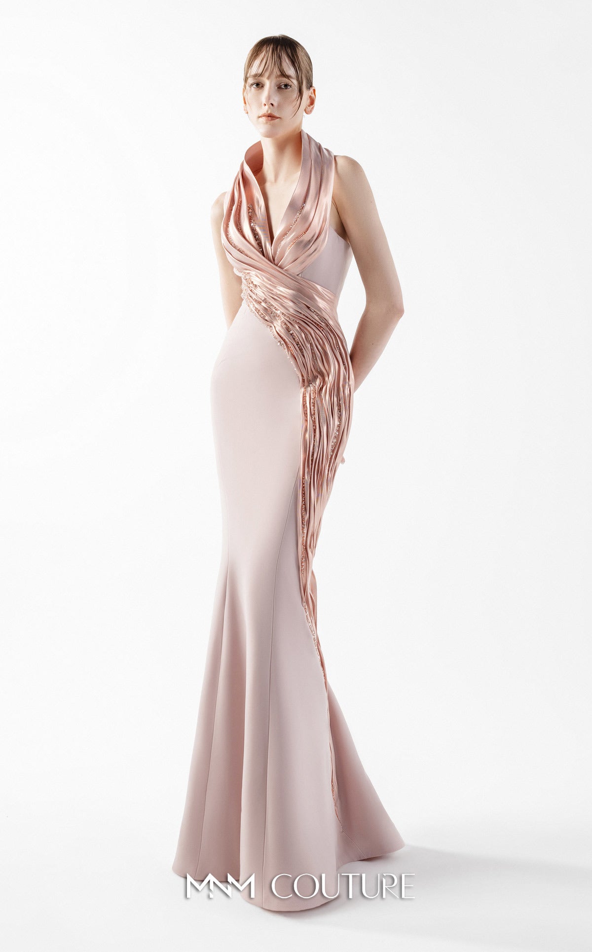 Prom Dresses Pleated Lace Long Formal Metallic Mermaid Prom Dress MNM Couture G2012 Powder