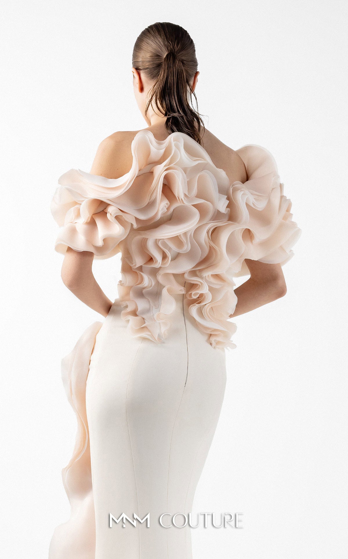 Prom Dresses Long Formal Ruffle Slit Fitted Prom Dress MNM Couture G2013 Cream