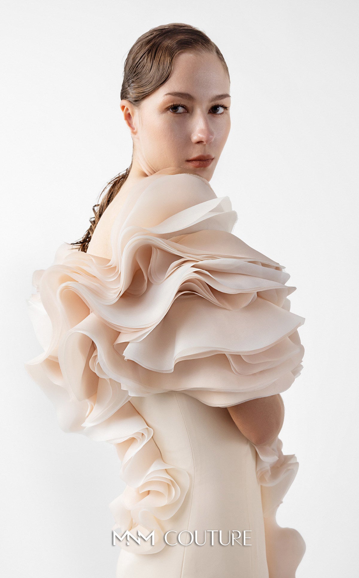 Prom Dresses Long Formal Ruffle Slit Fitted Prom Dress MNM Couture G2013 Cream