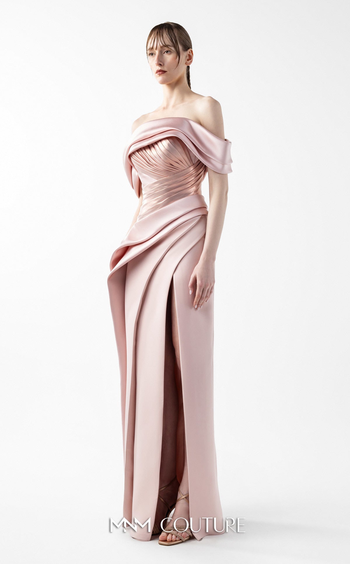 Prom Dresses Metallic Pleated Long Formal Slit Prom Dress MNM Couture G2020 Powder