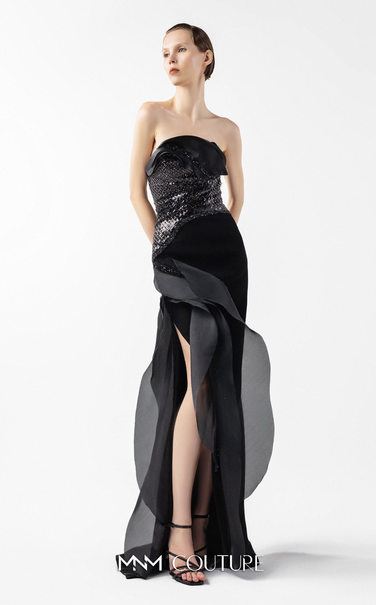 Prom Dresses Long Formal Slit Glitter Lace Prom Dress MNM Couture G2021 Black