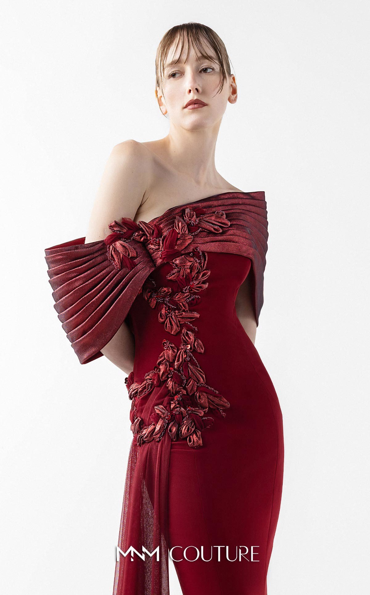 Prom Dresses Long Formal 3D Floral Mermaid Pleated Prom Dress MNM Couture G2022 Burgundy