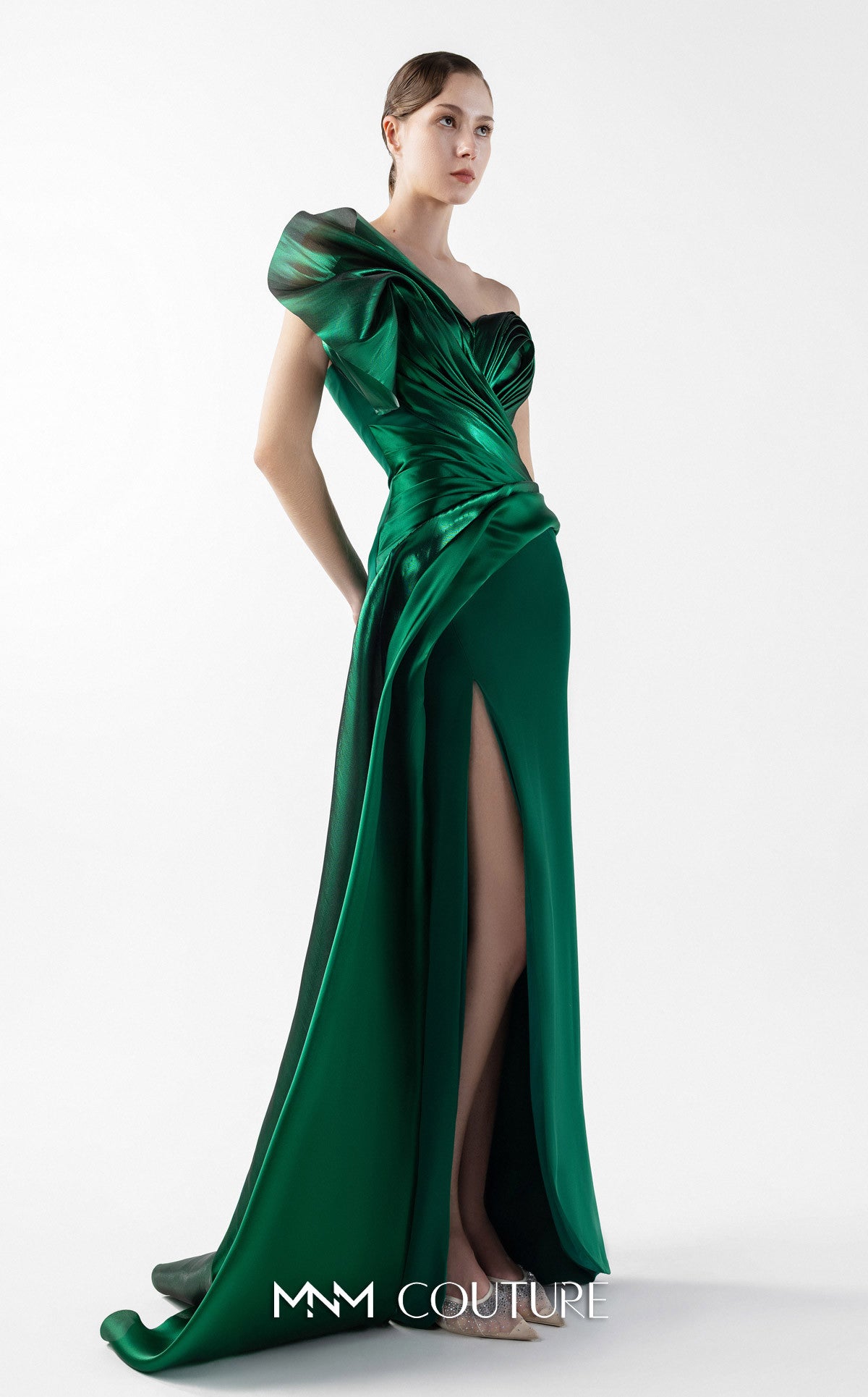 Prom Dresses Long Slit Formal Pleated Metallic Prom Dress MNM Couture G2023 Emerald Green