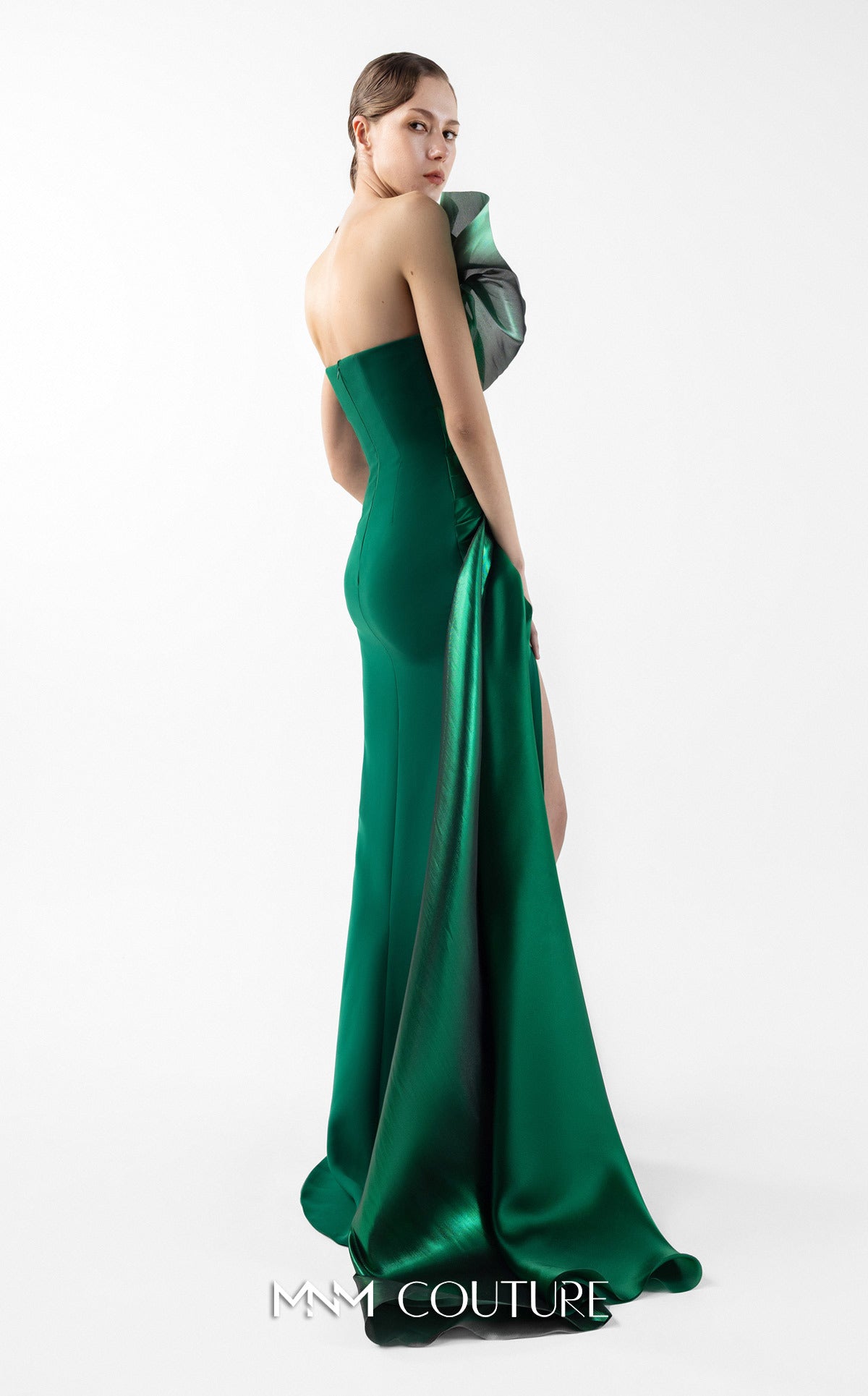 Prom Dresses Long Slit Formal Pleated Metallic Prom Dress MNM Couture G2023 Emerald Green