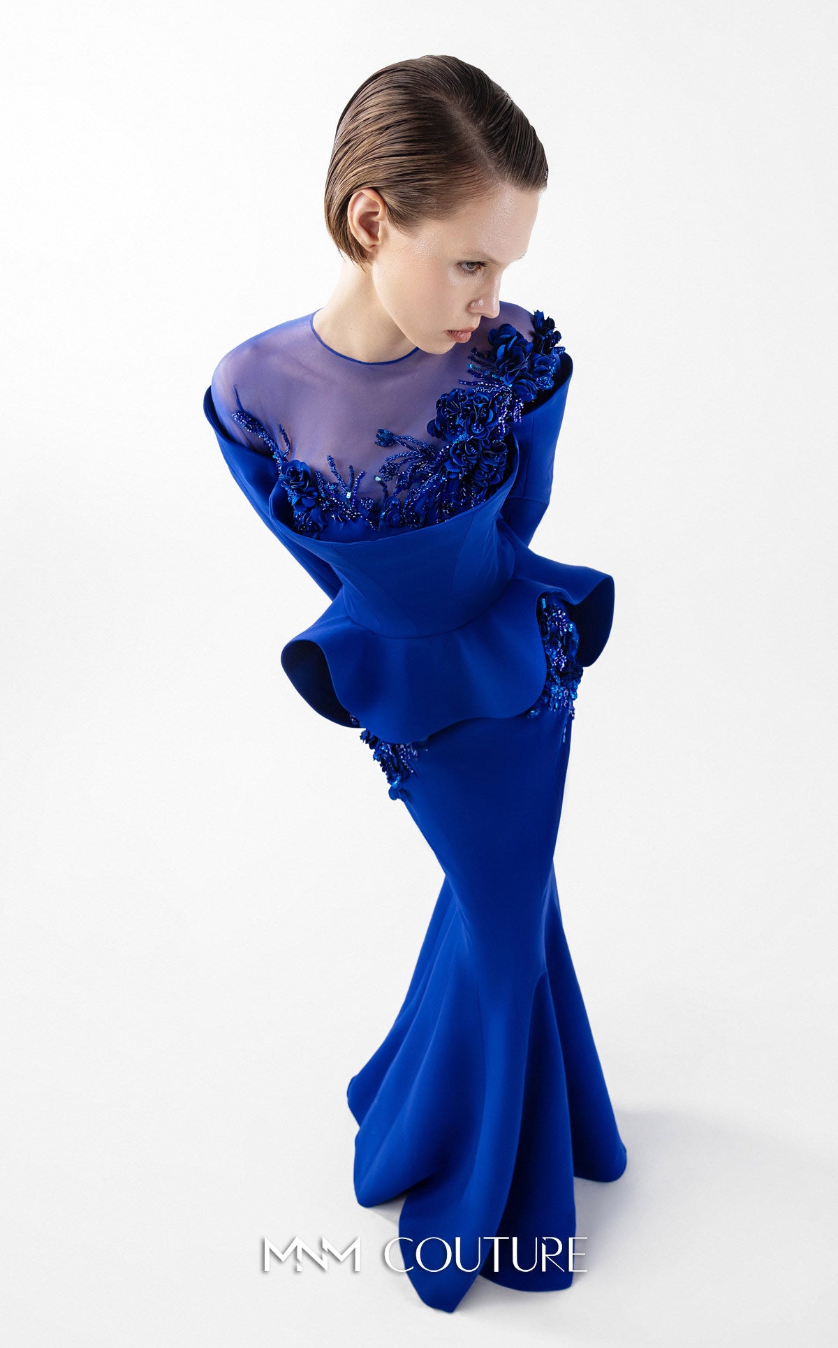 Mother of the Bride Dresses Long Sleeve Mermaid Ruffle 3D Floral Mother of the Bride Dress MNM Couture G2029 Royal Blue