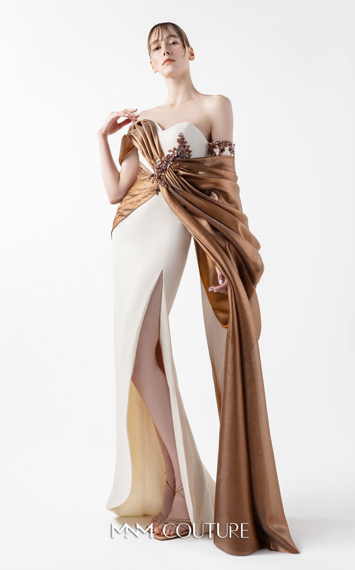 Prom Dresses Slit Long Formal Fitted Prom Dress MNM Couture G2030 Blush/Bronze