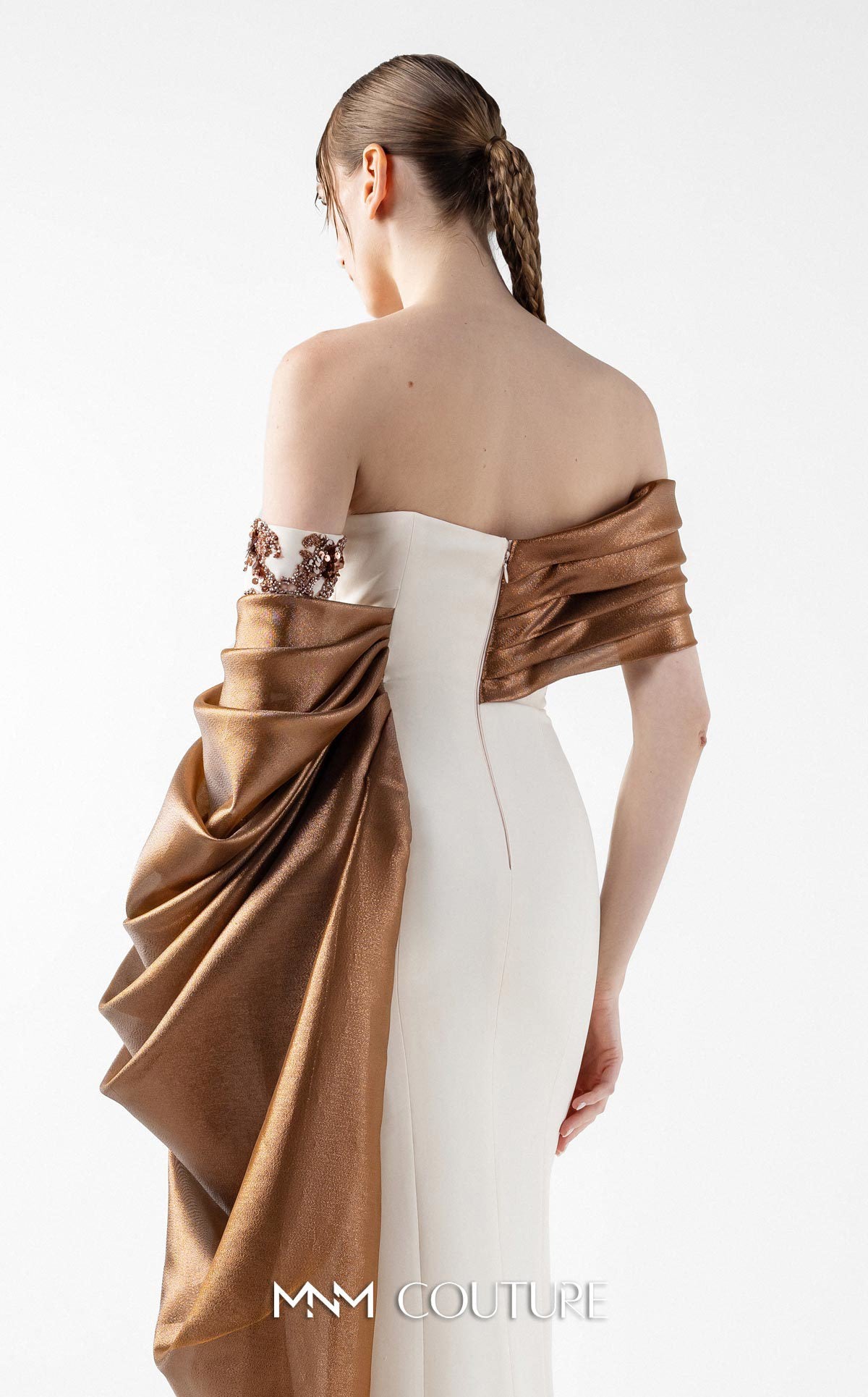 Prom Dresses Slit Long Formal Fitted Prom Dress MNM Couture G2030 Blush/Bronze