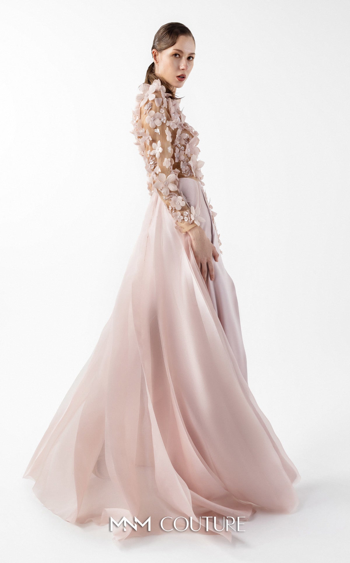 Mother of the Bride Dresses Long Sleeve Formal 3D Floral Applique Mother of the Bride Dress MNM Couture G2035 Pink