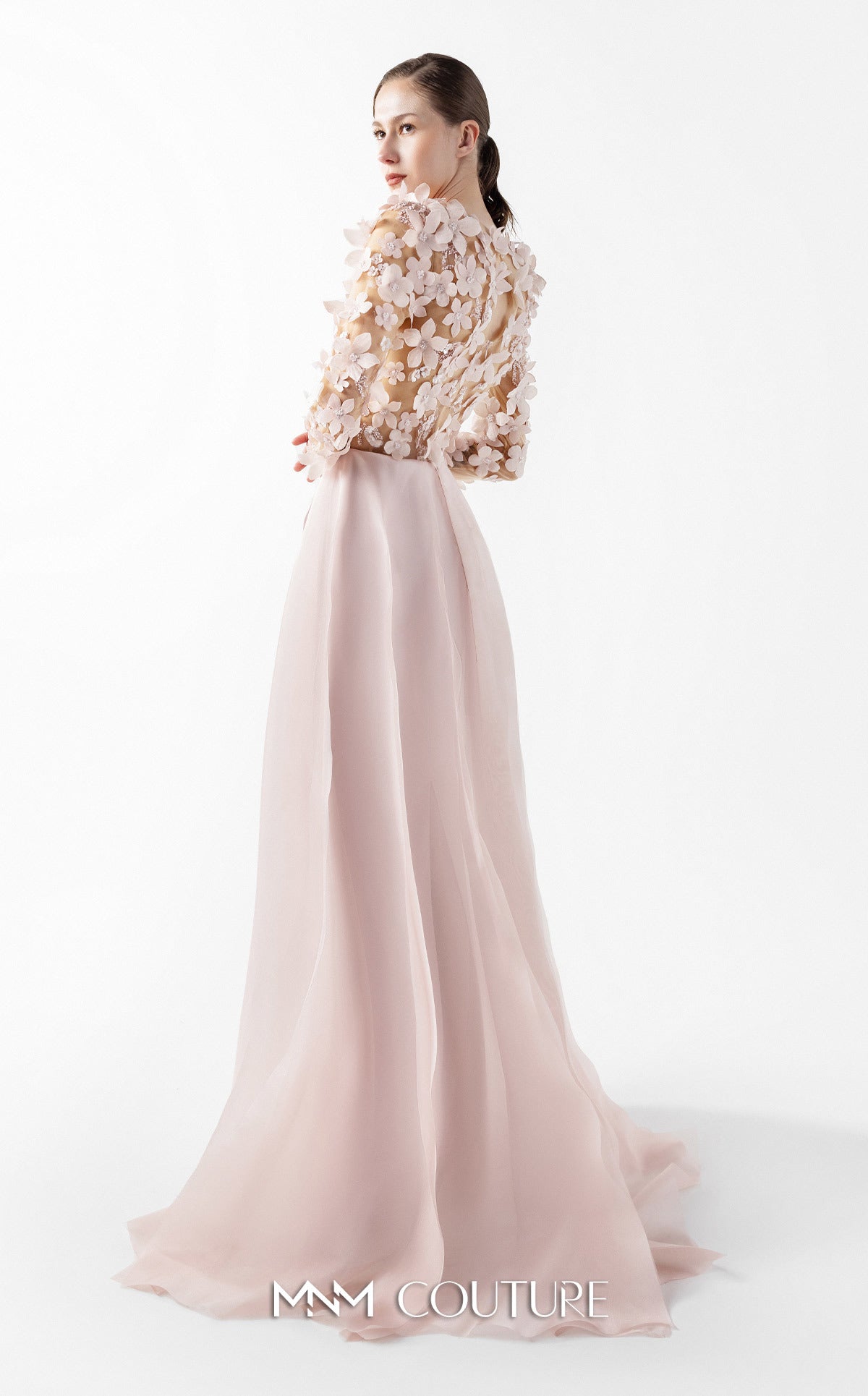 Mother of the Bride Dresses Long Sleeve Formal 3D Floral Applique Mother of the Bride Dress MNM Couture G2035 Pink