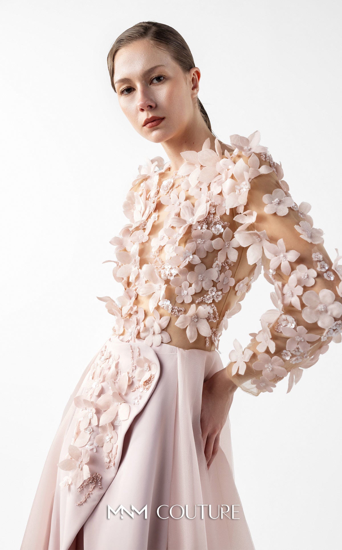 Mother of the Bride Dresses Long Sleeve Formal 3D Floral Applique Mother of the Bride Dress MNM Couture G2035 Pink
