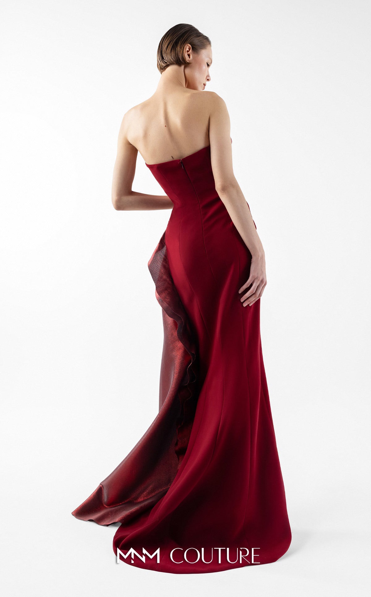 Prom Dresses Slit Pleated Long Formal Fitted Prom Dress MNM Couture G2037 Burgundy